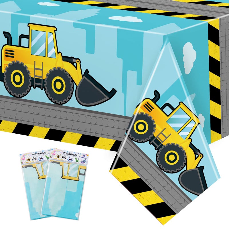 WERNNSAI 2 PCS Construction Table Cloth - Construction Birthday Party Supplies Plastic Dump Truck Tablecloth Excavator Table Cover Tables Decorations Favors 54'' x 108'' - Image 1